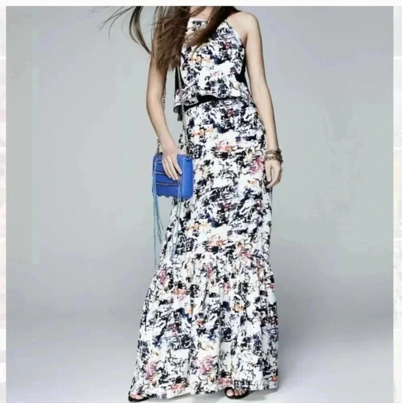 Parker Maxi Dress Silk Abstract Multicolor Pollock Print Ruffle Bottom(S) - Picture 2 of 10